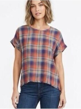 Anthropology cloth & stone Orange and Navy Plaid Short-Sleeve Top 1137